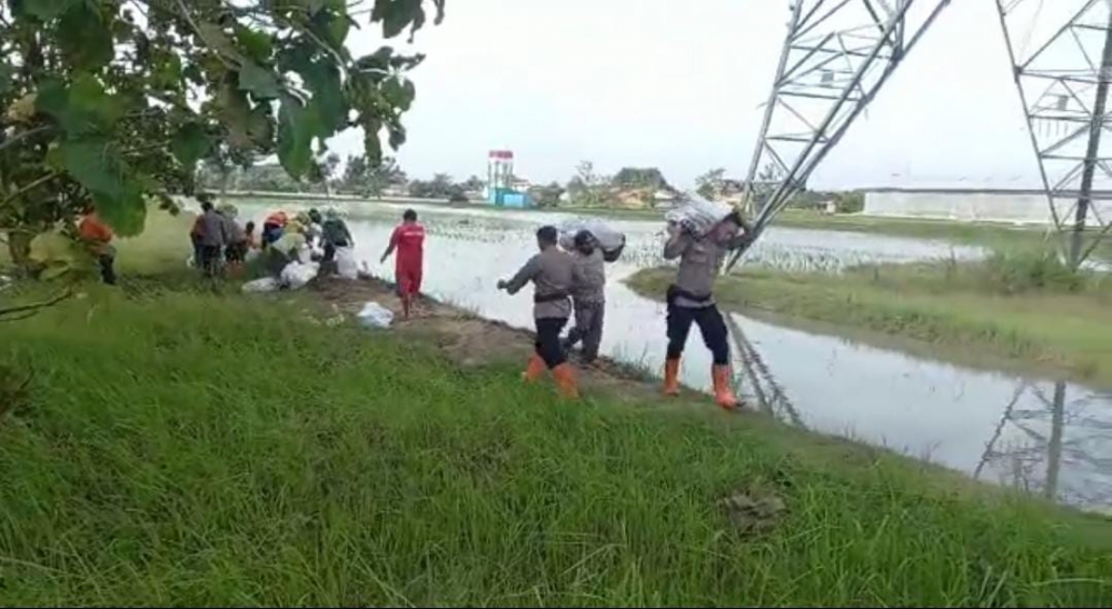 Antisipasi Luapan Sungai Lusi, Anggota Polres Grobogan Tinggikan Tanggul