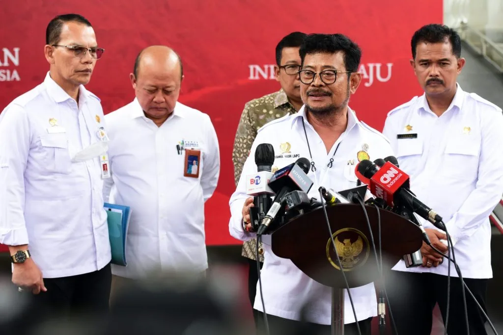 Mentan Syahrul Yasin Limpo memberikan keterangan pers, di Kompleks Istana Kepresidenan, Jakarta, Rabu (15/03) siang.