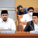 Menteri Agama Yaqut Cholil Qoumas bersama Wamenag Zainut Tauhid Sa'adi menghadiri Raker Komisi VIII DPR, Senin (27/03)