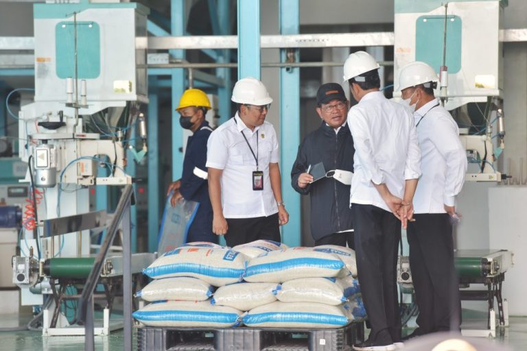Presiden Jokowi dan Seskab Pramono Anung beserta sejumlah pejabat lainnya meninjau Sentra Penggilingan Padi Bulo di Sragen, Sabtu (11/03).