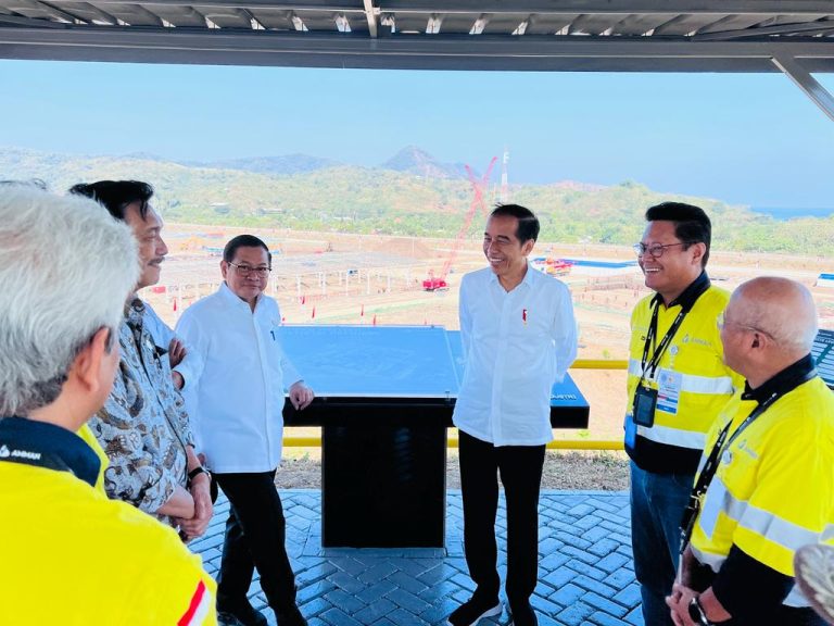 Presiden Jokowi didampingi Sekretaris Kabinet Pramono Anung meninjau pembangunan smelter PT AMNT yang berada di Kabupaten Sumbawa Barat, NTB, Selasa (20/06).