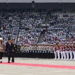 Presiden Joko Widodo saat memimpin Upacara Peringatan ke-77 Hari Bhayangkara di Gelora Bung Karno (GBK), Jakarta, Sabtu (01/07)
