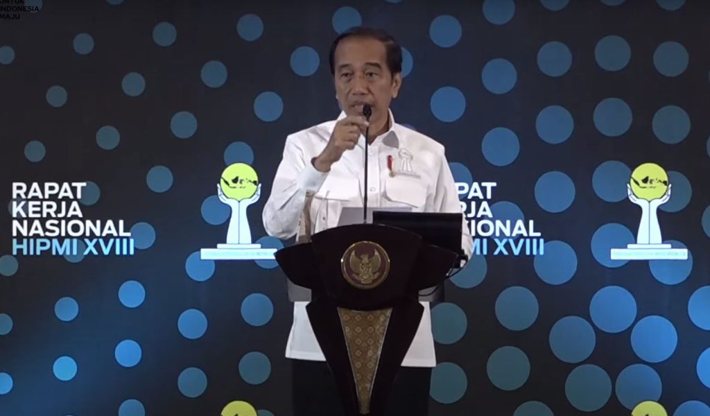 Presiden Jokowi pada Peresmian Pembukaan Rakernas XVIII HIPMI Tahun 2023, di Nusantara Hall ICE BSD City, Kabupaten Tangerang, Banten, Kamis (31/08).