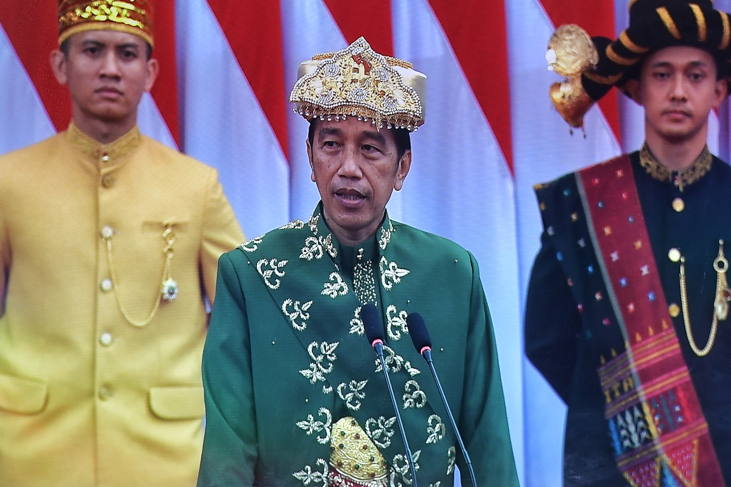 Presiden Jokowi saat menyampaikan pidato pada Sidang Tahunan MPR RI dan Sidang Bersama DPR RI dan DPD RI dalam rangka HUT Ke-77 Proklamasi Kemerdekaan RI, di Ruang Rapat Paripurna, Gedung Nusantara MPR/DPR/DPD RI, Senayan, Jakarta, Selasa (16/08/2022) pagi.