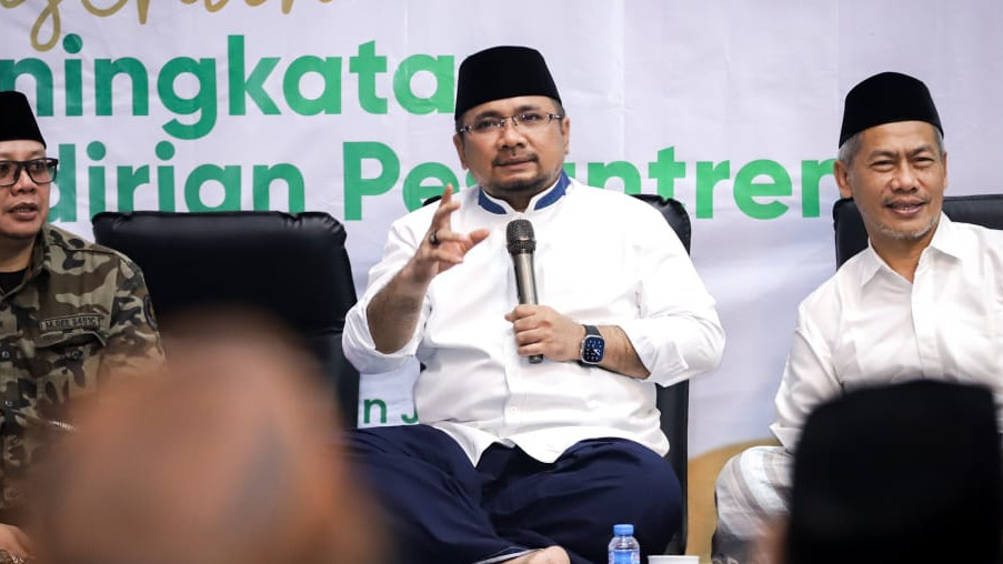 Menteri Agama Yaqut Cholil Qoumas dalam Saresehan Peningkatan Kemandirian Pesantren di Jombang, Jumat (22/09). (Foto: Kemenag)