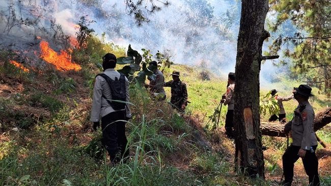 TNI-Polri Bersiaga Pasca Kebakaran Hutan Gunung Lawu Merembet ke Magetan (Foto: Dok Humas Polres Magetan)